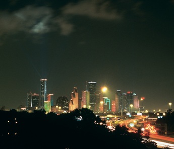 This "lit-up" photo of Houston was taken during the 1999 Power of Houston event.  After the fireworks display, all the lights were turned on for the first time ever across the entire city at once to spectacular effect.  Photo by GL Walker of Houston. 